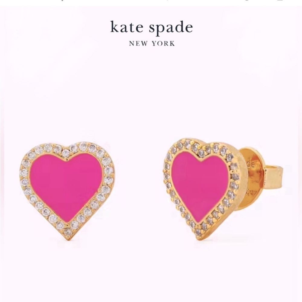 Kate Spade New York “Take Heart" Gold Tone Pink and Pavé CZ Heart Stud Earrings